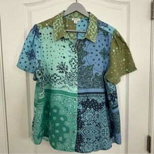 Sundance 100% Linen Short Sleeve Button Up Shirt Blue Green Bandana Print Size L